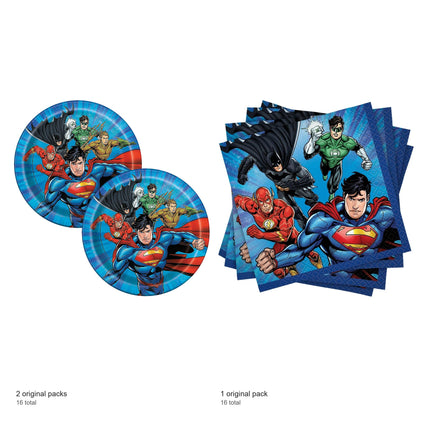 Justice League Dessert Plates and Napkins Set for 16 Guests - included packs and quantities
