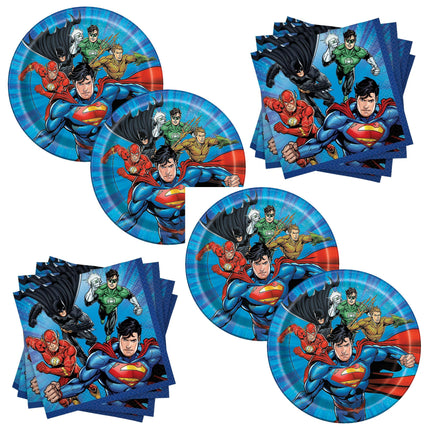 Justice League Dessert Plates and Napkins Set for 16 Guests - set overview