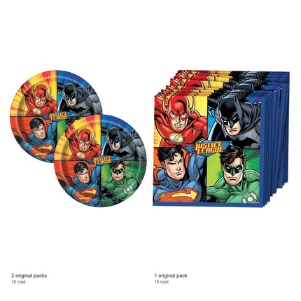 Justice League Dinner Plates and Napkins Set for 16 Guests - included packs and quantities