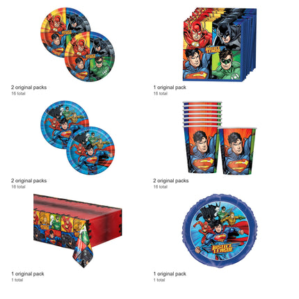 Justice League Party Supplies and Foil Balloon Set for 16 Guests - included packs and quantities