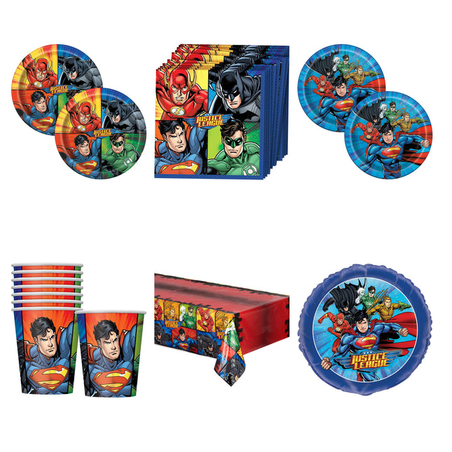 Justice League Party Supplies and Foil Balloon Set for 16 Guests - set overview