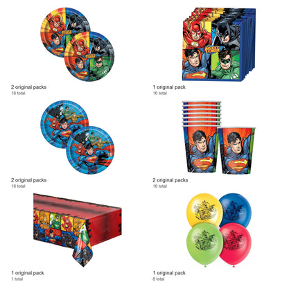 Justice League Party Supplies and Latex Balloons Set for 16 Guests - included packs and quantities