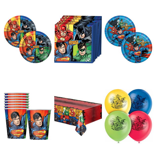 Justice League Party Supplies and Latex Balloons Set for 16 Guests - set overview
