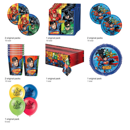 Justice League Party Supplies, Foil and Latex Balloons Set for 16 Guests - included packs and quantities
