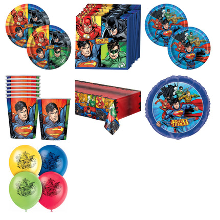 Justice League Party Supplies, Foil and Latex Balloons Set for 16 Guests - set overview