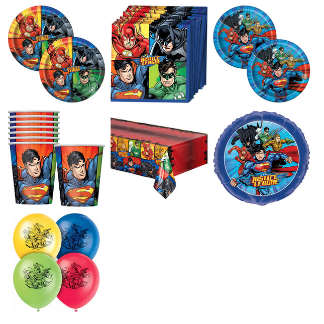 Justice League Party Supplies, Foil and Latex Balloons Set for 16 Guests - set overview