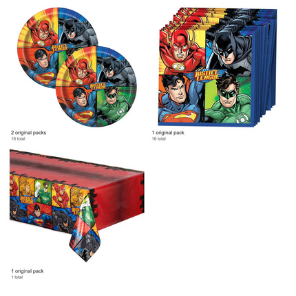 Justice League Plates, Napkins and Tablecloth Set for 16 Guests - included packs and quantities