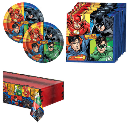 Justice League Plates, Napkins and Tablecloth Set for 16 Guests - set overview