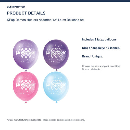 KPop Demon Hunters Assorted 12" Latex Balloons 8ct — size and pack information