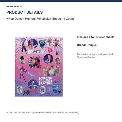 KPop Demon Hunters Foil Sticker Sheets, 4 Count — size and pack information