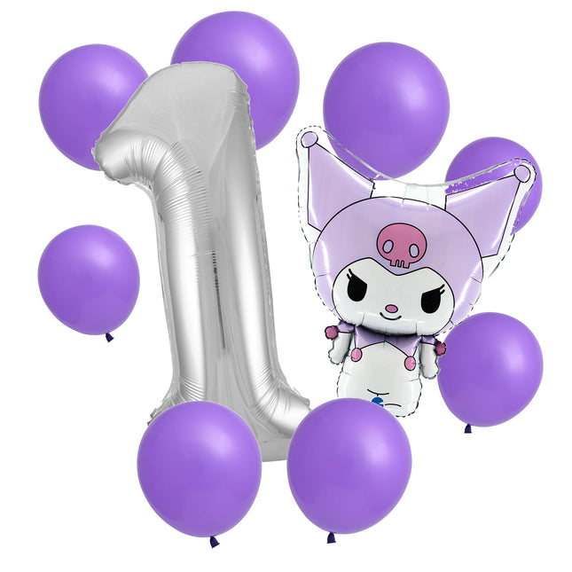 Kuromi 1st birthday set main: number 1 foil, themed foil and 8 matching latex balloons