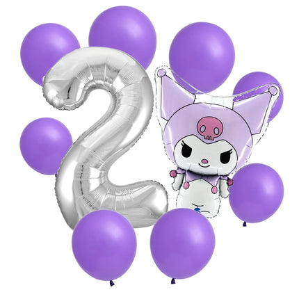 Kuromi 2nd birthday set main: number 2 foil, themed foil and 8 matching latex balloons