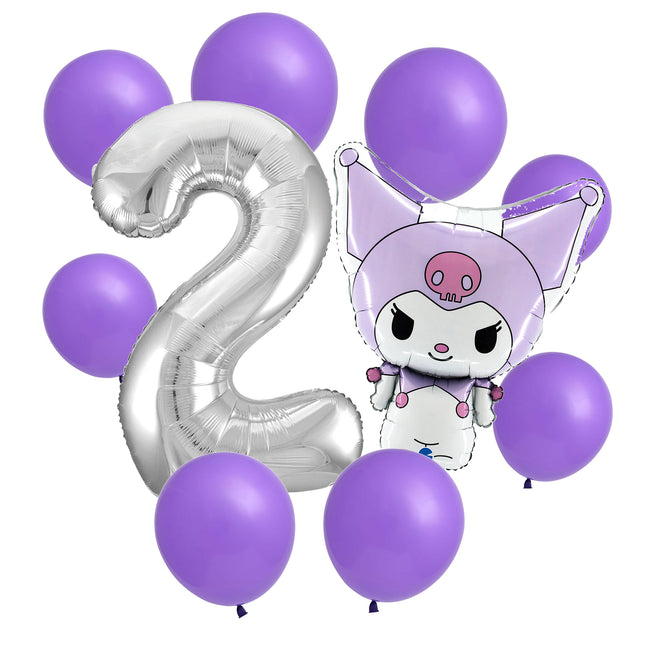 Kuromi 2nd birthday set main: number 2 foil, themed foil and 8 matching latex balloons