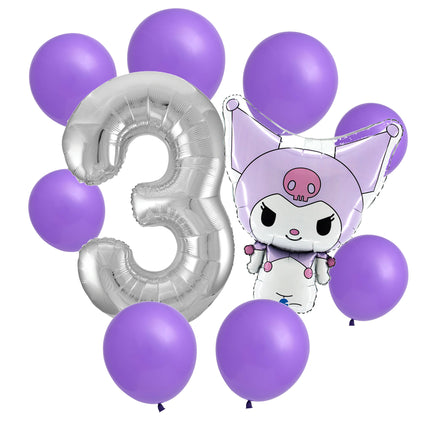 Kuromi 3rd birthday set main: number 3 foil, themed foil and 8 matching latex balloons
