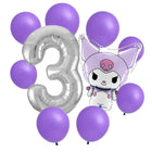 Kuromi 3rd birthday set main: number 3 foil, themed foil and 8 matching latex balloons