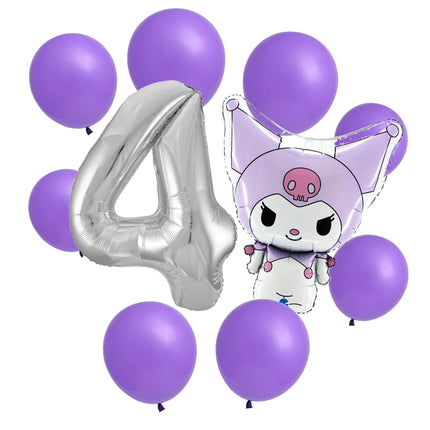 Kuromi 4th birthday set main: number 4 foil, themed foil and 8 matching latex balloons