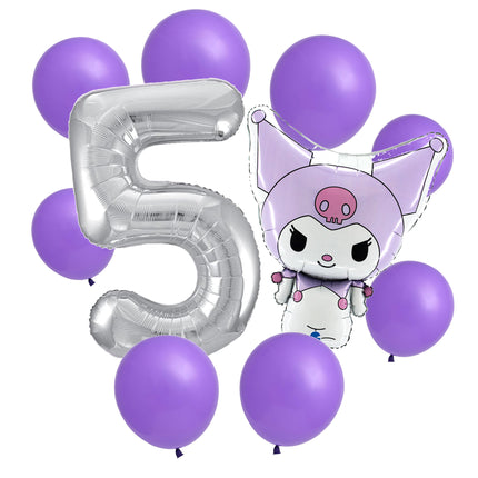 Kuromi 5th birthday set main: number 5 foil, themed foil and 8 matching latex balloons