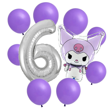 Kuromi 6th birthday set main: number 6 foil, themed foil and 8 matching latex balloons