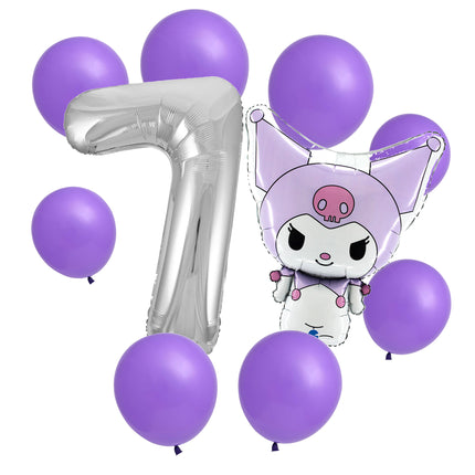Kuromi 7th birthday set main: number 7 foil, themed foil and 8 matching latex balloons