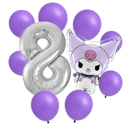 Kuromi 8th birthday set main: number 8 foil, themed foil and 8 matching latex balloons