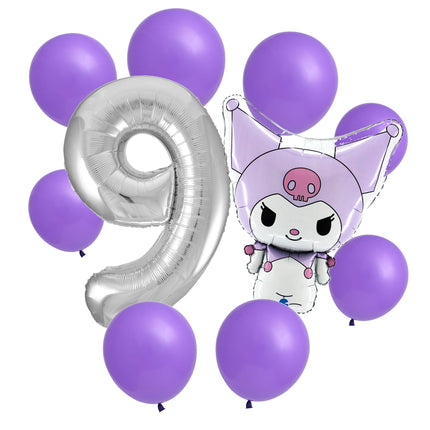 Kuromi 9th birthday set main: number 9 foil, themed foil and 8 matching latex balloons