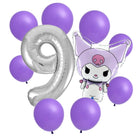 Kuromi 9th birthday set main: number 9 foil, themed foil and 8 matching latex balloons