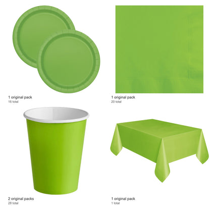 Lime Green Solid Coordinated Party Supplies Set for 16 Guests - included packs and quantities