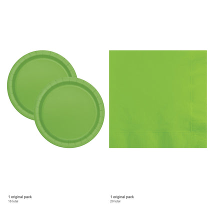 Lime Green Solid Dinner Plates and Napkins Set for 16 Guests - included packs and quantities