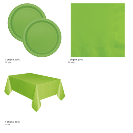 Lime Green Solid Plates, Napkins and Tablecloth Set for 16 Guests - included packs and quantities