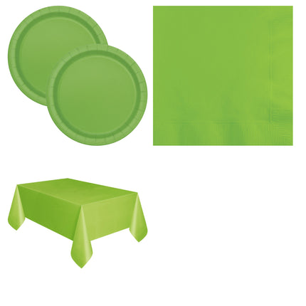 Lime Green Solid Plates, Napkins and Tablecloth Set for 16 Guests - set overview