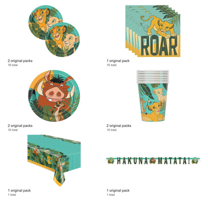The Lion King Coordinated Party Supplies Set for 16 Guests - included packs and quantities