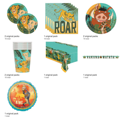 The Lion King Party Supplies and Foil Balloon Set for 16 Guests - included packs and quantities
