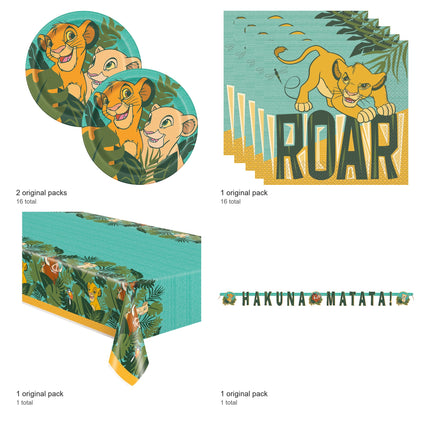 The Lion King Plates, Napkins, Banner and Tablecloth Set for 16 Guests - included packs and quantities