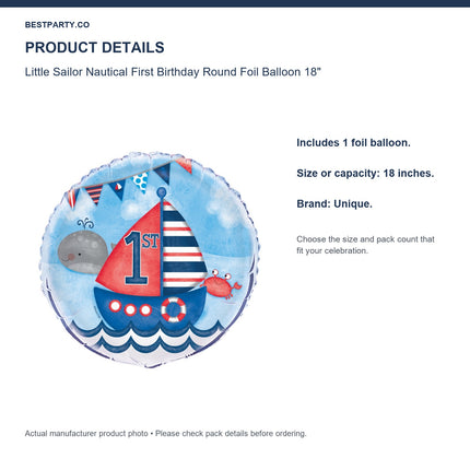 Little Sailor Nautical First Birthday Round Foil Balloon 18" — size and pack information