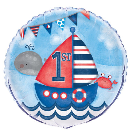 Little Sailor Nautical First Birthday Round Foil Balloon 18"