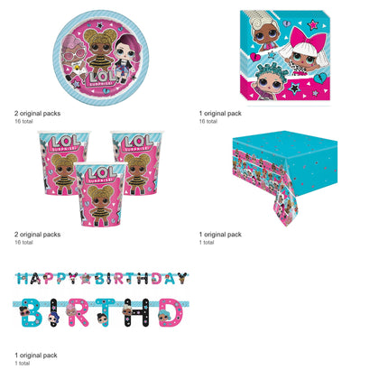 LOL Surprise Coordinated Party Supplies Set for 16 Guests - included packs and quantities