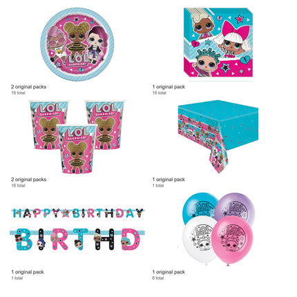 LOL Surprise Party Supplies and Latex Balloons Set for 16 Guests - included packs and quantities