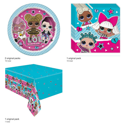 LOL Surprise Plates, Napkins and Tablecloth Set for 16 Guests - included packs and quantities