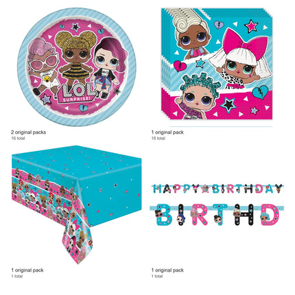 LOL Surprise Plates, Napkins, Banner and Tablecloth Set for 16 Guests - included packs and quantities