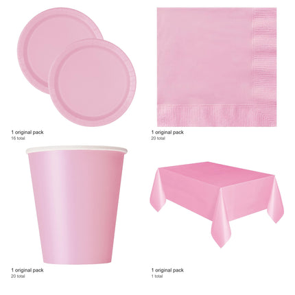 Lovely Pink Solid Coordinated Party Supplies Set for 16 Guests - included packs and quantities