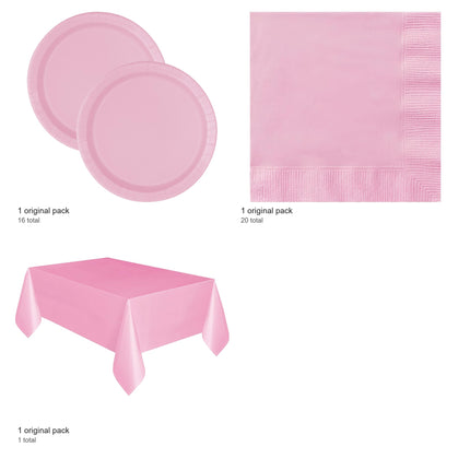 Lovely Pink Solid Plates, Napkins and Tablecloth Set for 16 Guests - included packs and quantities
