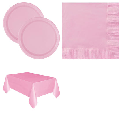 Lovely Pink Solid Plates, Napkins and Tablecloth Set for 16 Guests - set overview