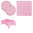 Lovely Pink Solid Plates, Napkins and Tablecloth Set for 16 Guests - set overview