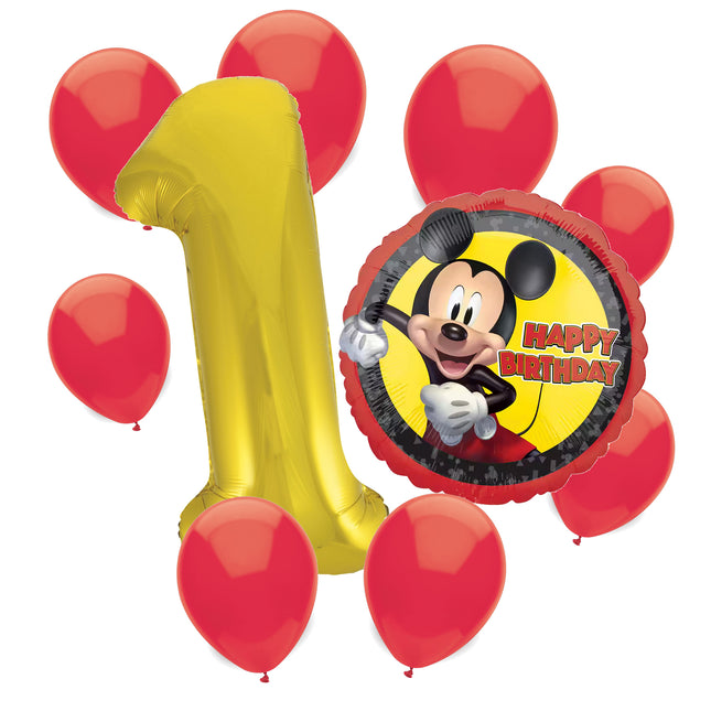 Mickey Mouse 1st birthday set main: number 1 foil, themed foil and 8 matching latex balloons