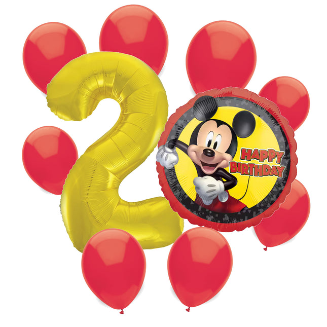 Mickey Mouse 2nd birthday set main: number 2 foil, themed foil and 8 matching latex balloons