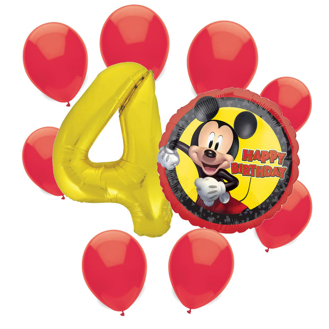 Mickey Mouse 4th birthday set main: number 4 foil, themed foil and 8 matching latex balloons
