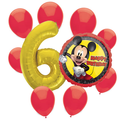 Mickey Mouse 6th birthday set main: number 6 foil, themed foil and 8 matching latex balloons