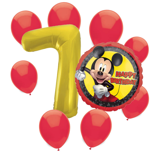 Mickey Mouse 7th birthday set main: number 7 foil, themed foil and 8 matching latex balloons