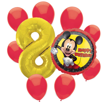 Mickey Mouse 8th birthday set main: number 8 foil, themed foil and 8 matching latex balloons