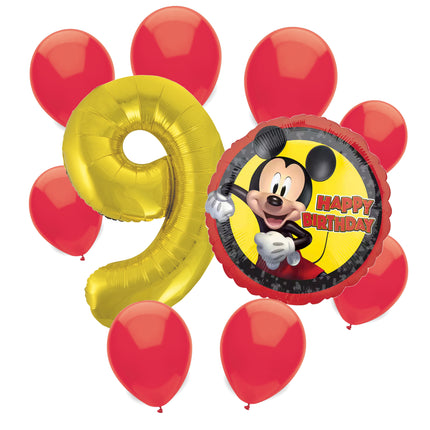 Mickey Mouse 9th birthday set main: number 9 foil, themed foil and 8 matching latex balloons